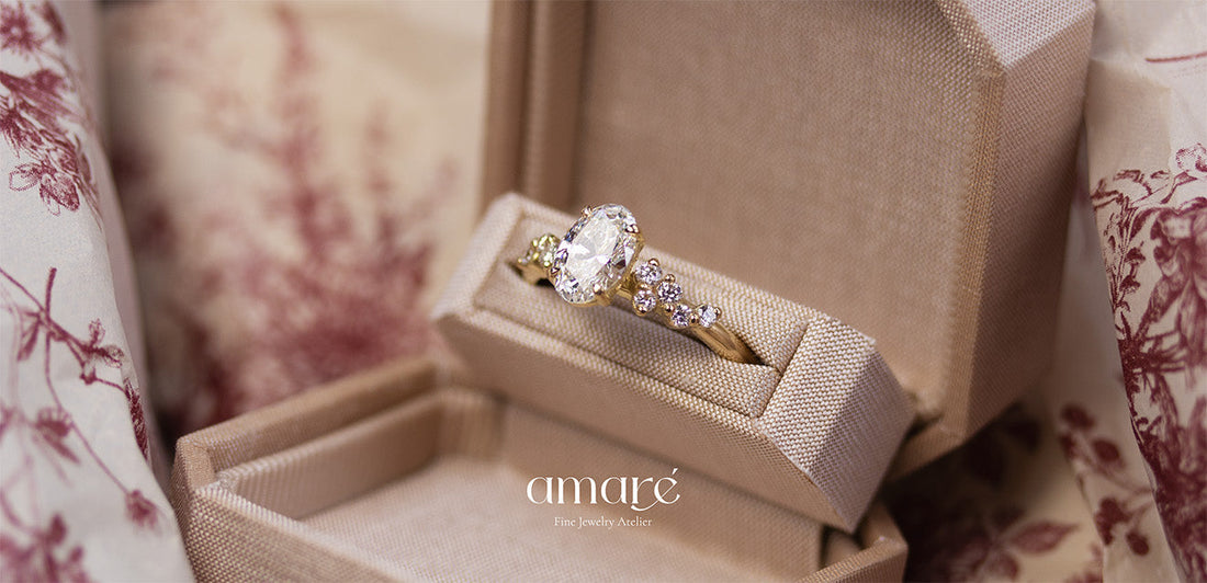 18k Gold engagement ring with lab grown diamonds in a jewelry box